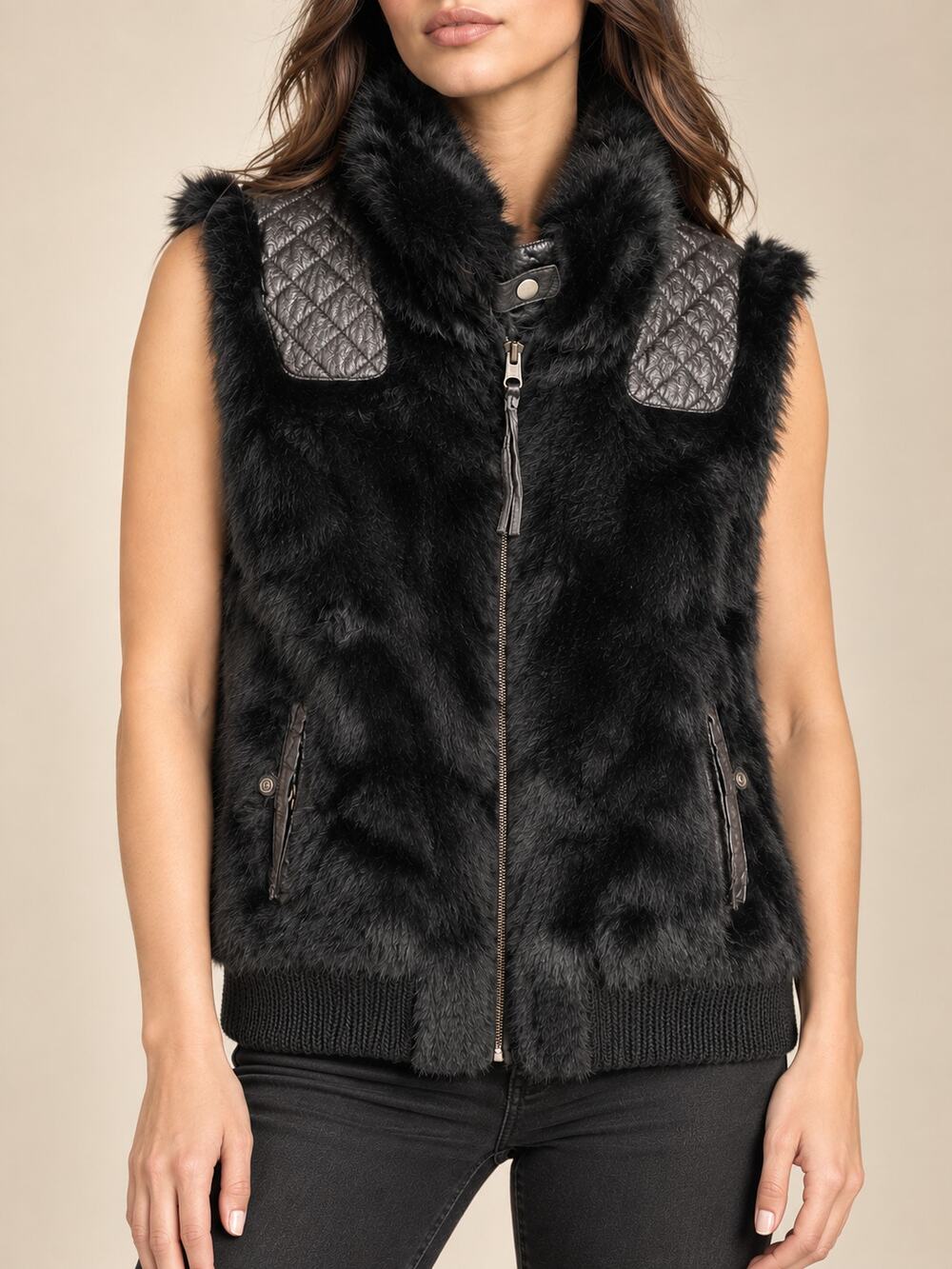 June Genuine Rabbit Fur Vest Womens L Black Leather Trim Quilted Wool Knit Goth